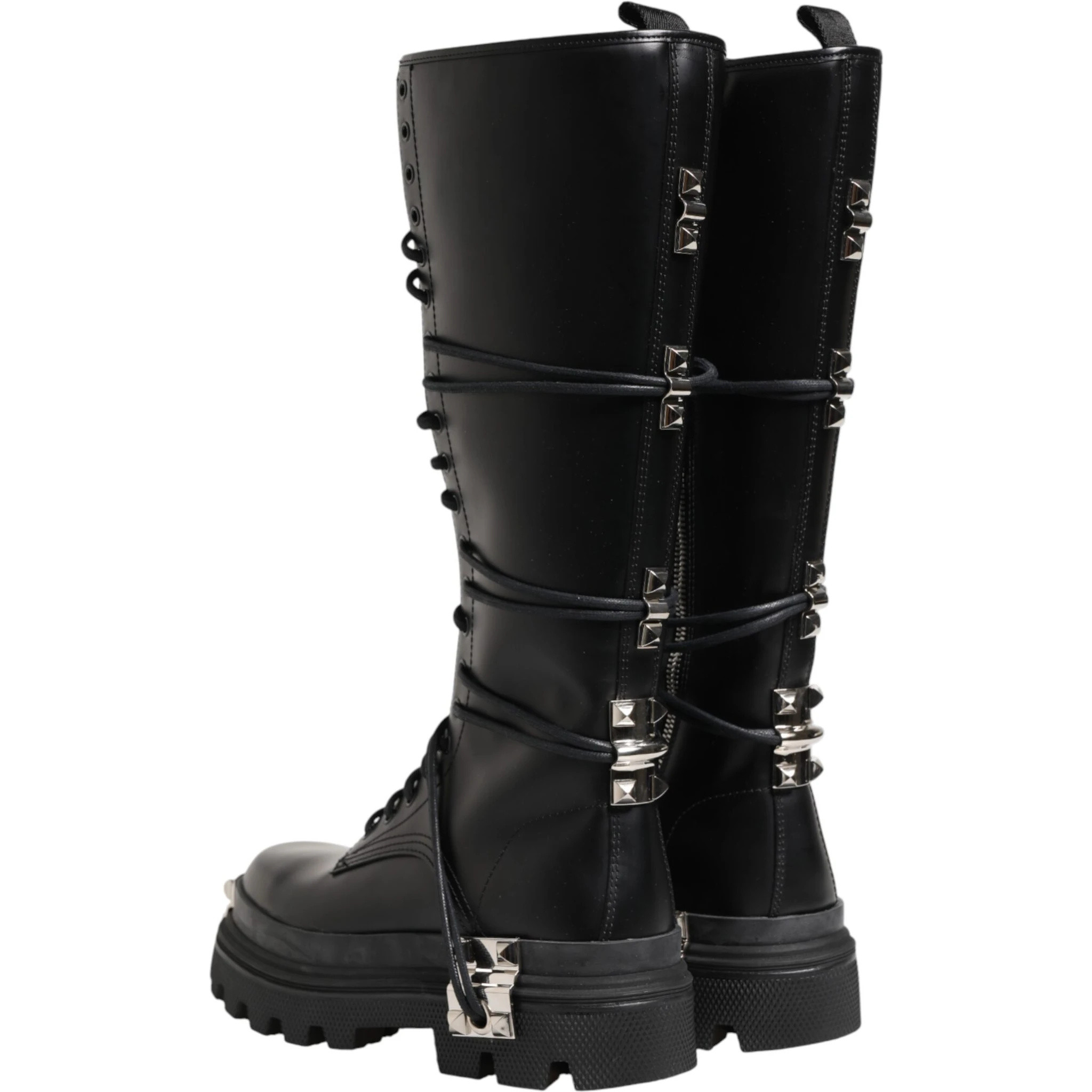 Black Leather Knee High Combat Boots Shoes