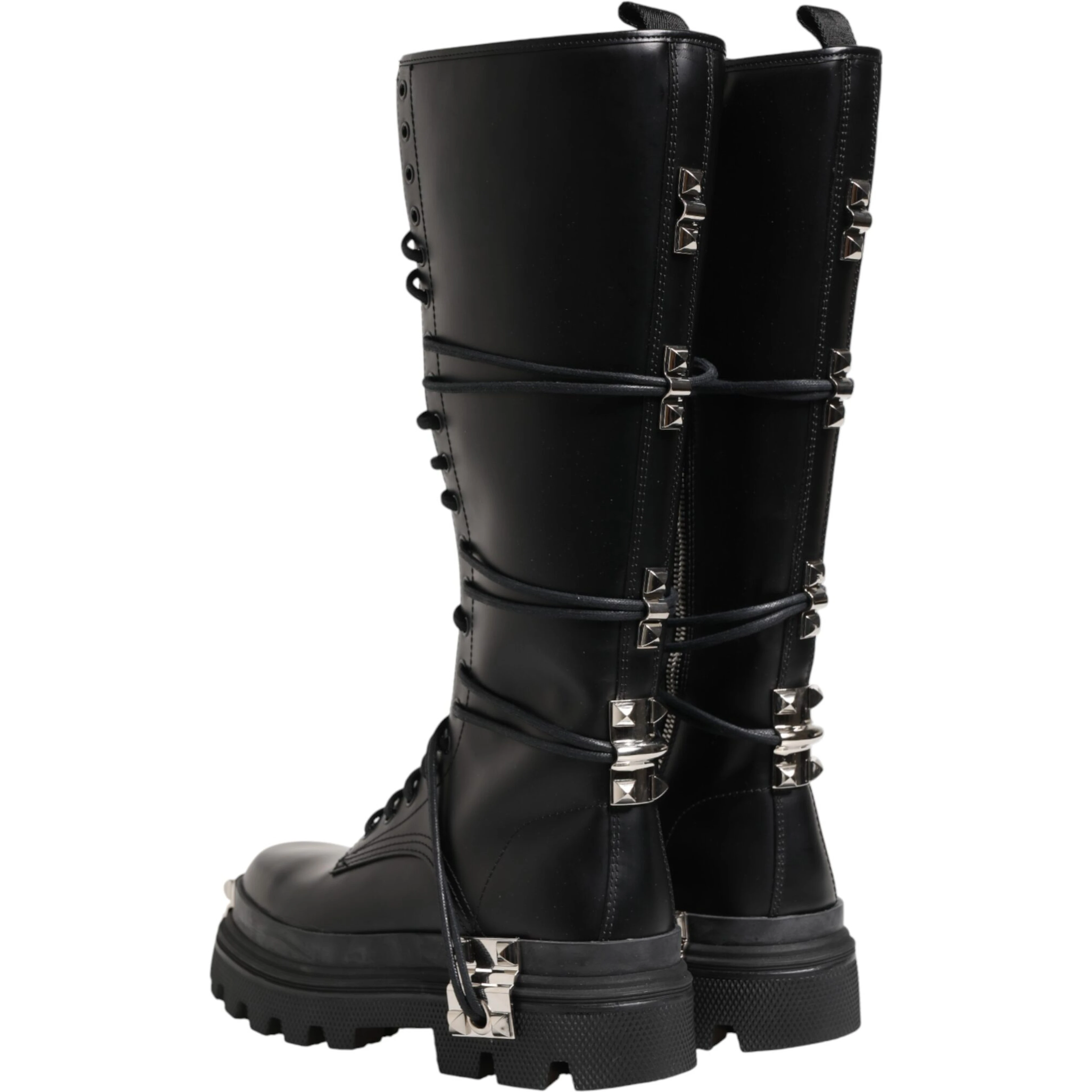 Black Leather Knee High Combat Boots Shoes