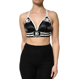 Black Floral Silk Satin Crop Logo Bralette Top
