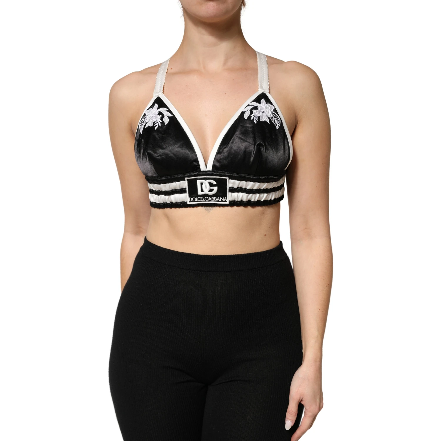 Black Floral Silk Satin Crop Logo Bralette Top