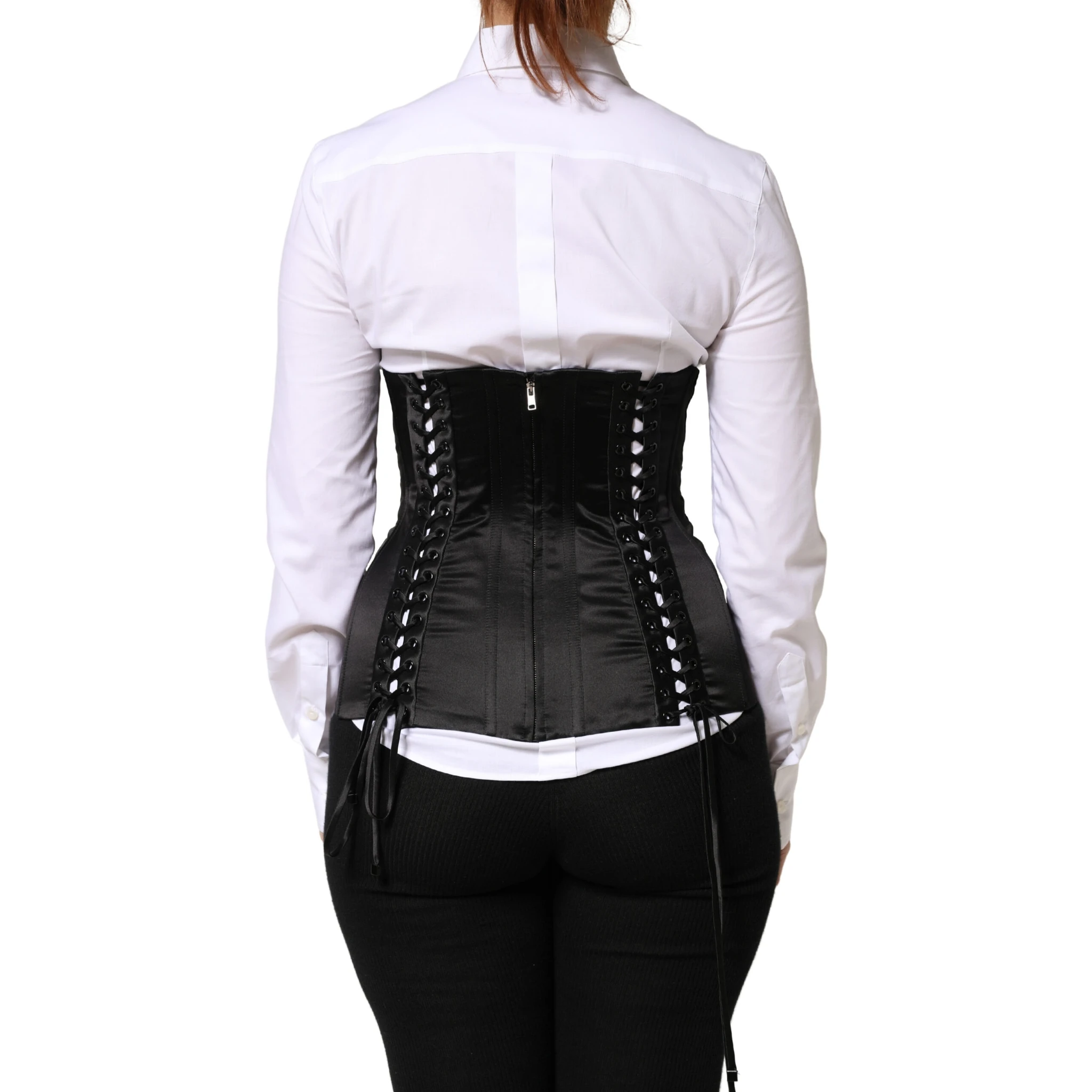 Black Silk Lace-Up Waist Cincher Corset Top