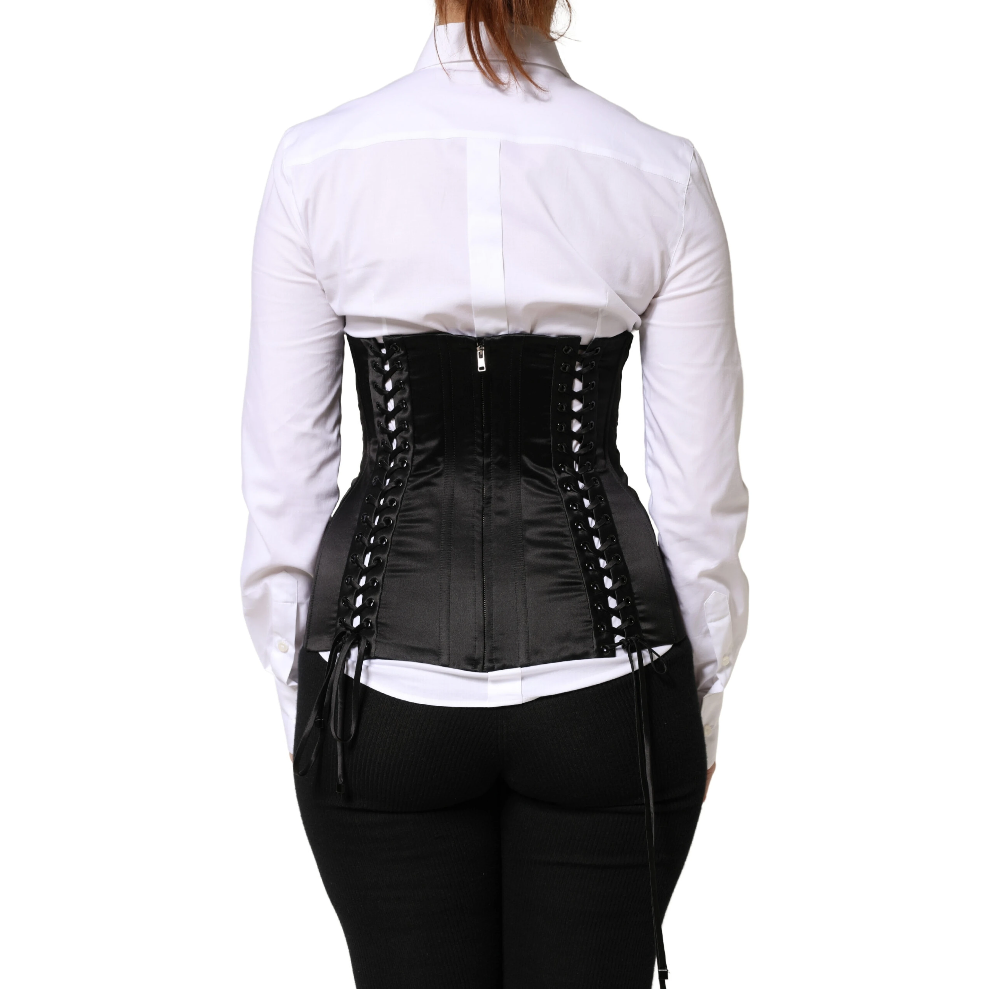 Black Silk Lace-Up Waist Cincher Corset Top