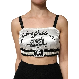 White Silk Satin Crop Black Logo Bralette Top