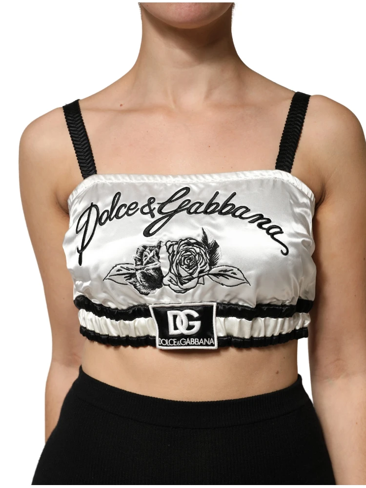 White Silk Satin Crop Black Logo Bralette Top