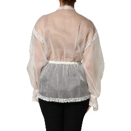 White Sheer Silk Blouse Lace Bow Tie Blouse Top