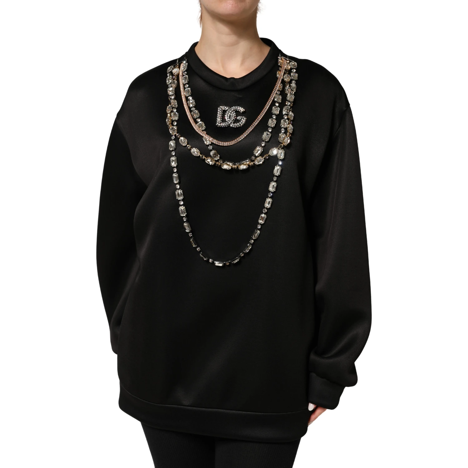 Black Embellished Logo Crystal Sweatshirt Top