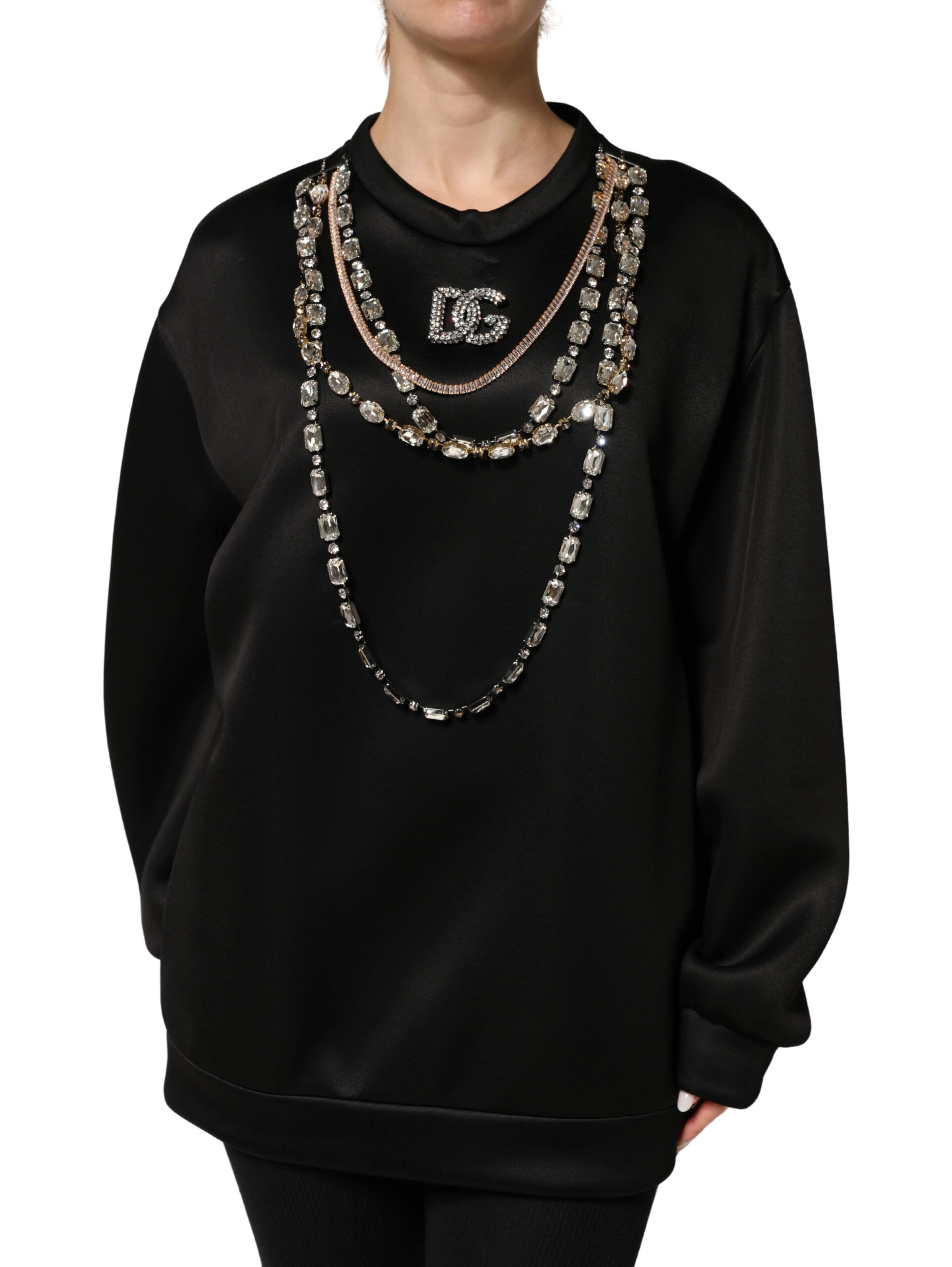 Black Embellished Logo Crystal Sweatshirt Top