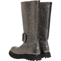 Metallic Silver Leather Mid Calf Boots Shoes