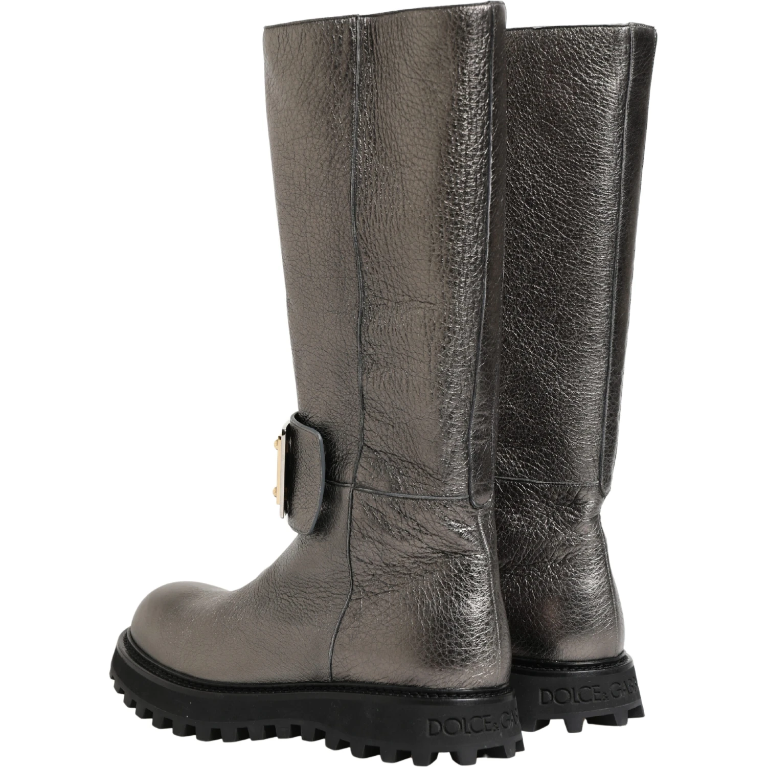 Metallic Silver Leather Mid Calf Boots Shoes