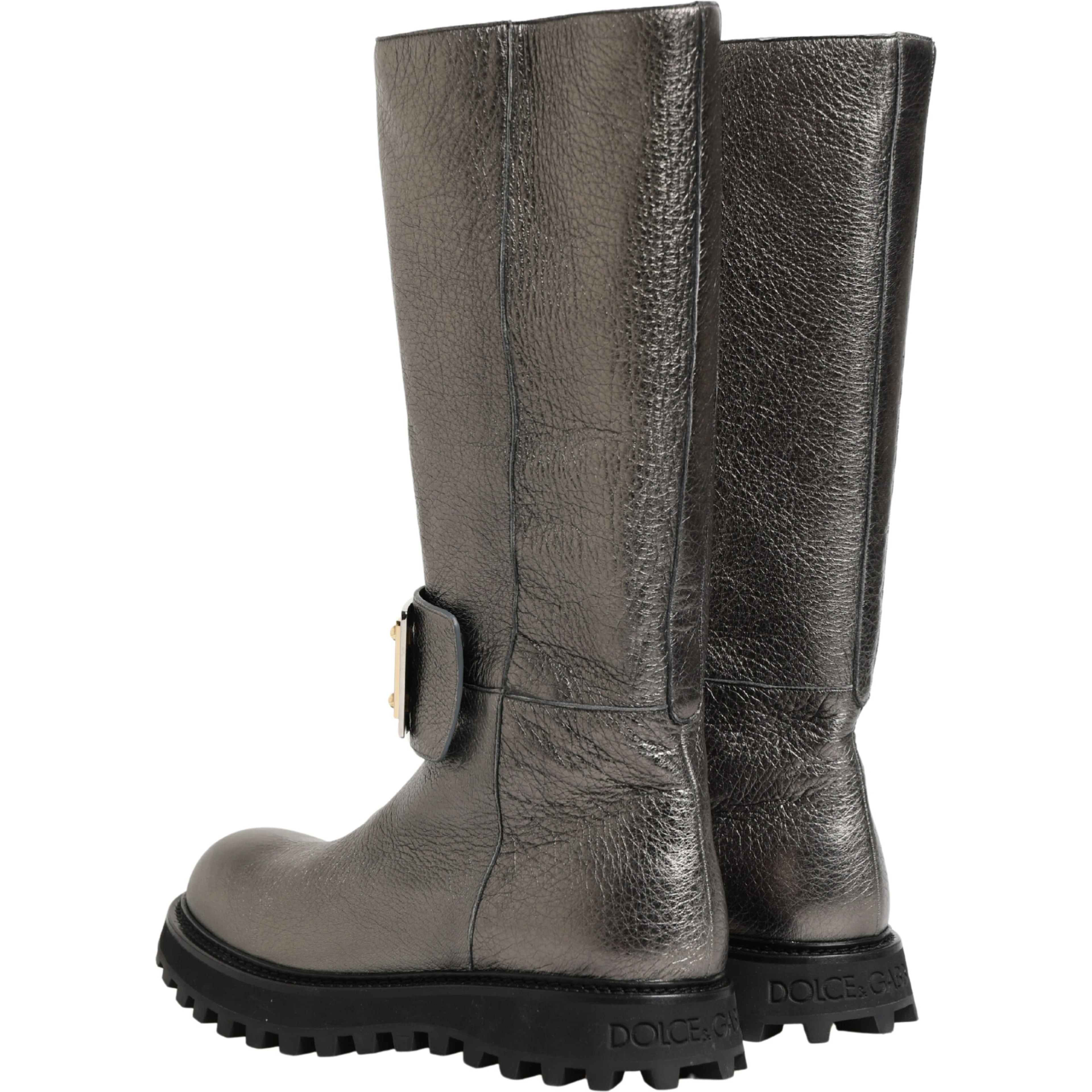 Metallic Silver Leather Mid Calf Boots Shoes