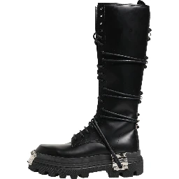 Black Leather Knee High Combat Boots Shoes