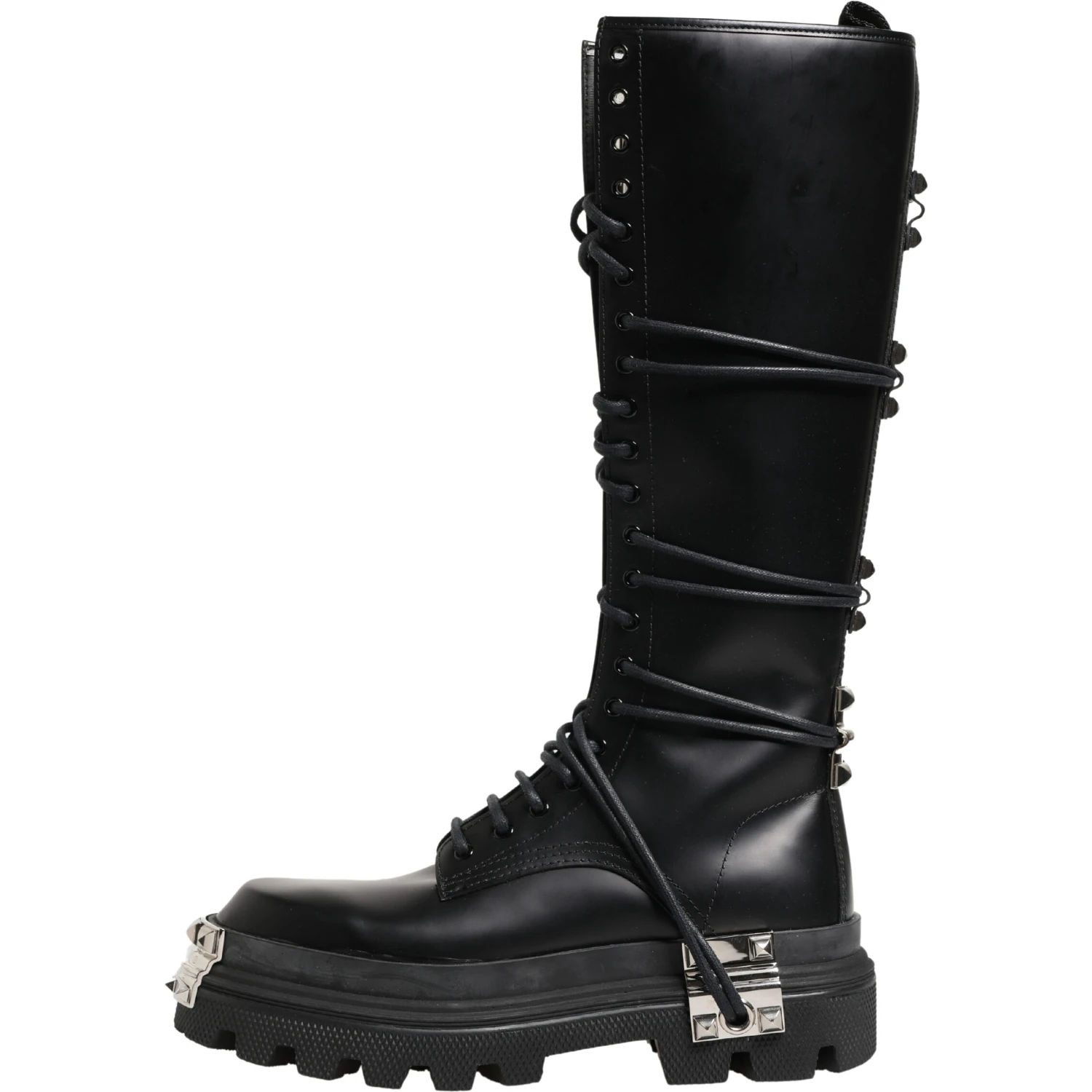Black Leather Knee High Combat Boots Shoes