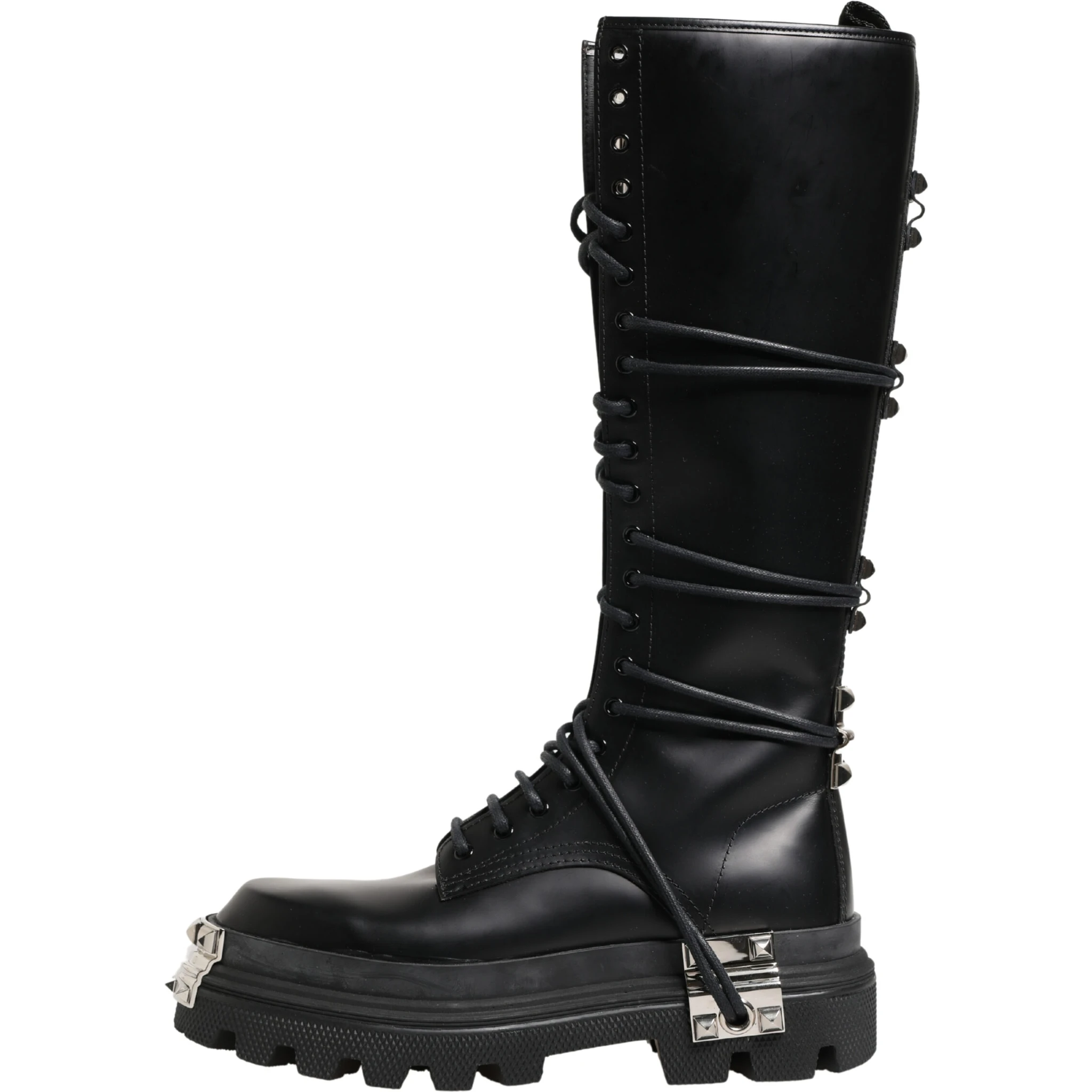 Black Leather Knee High Combat Boots Shoes