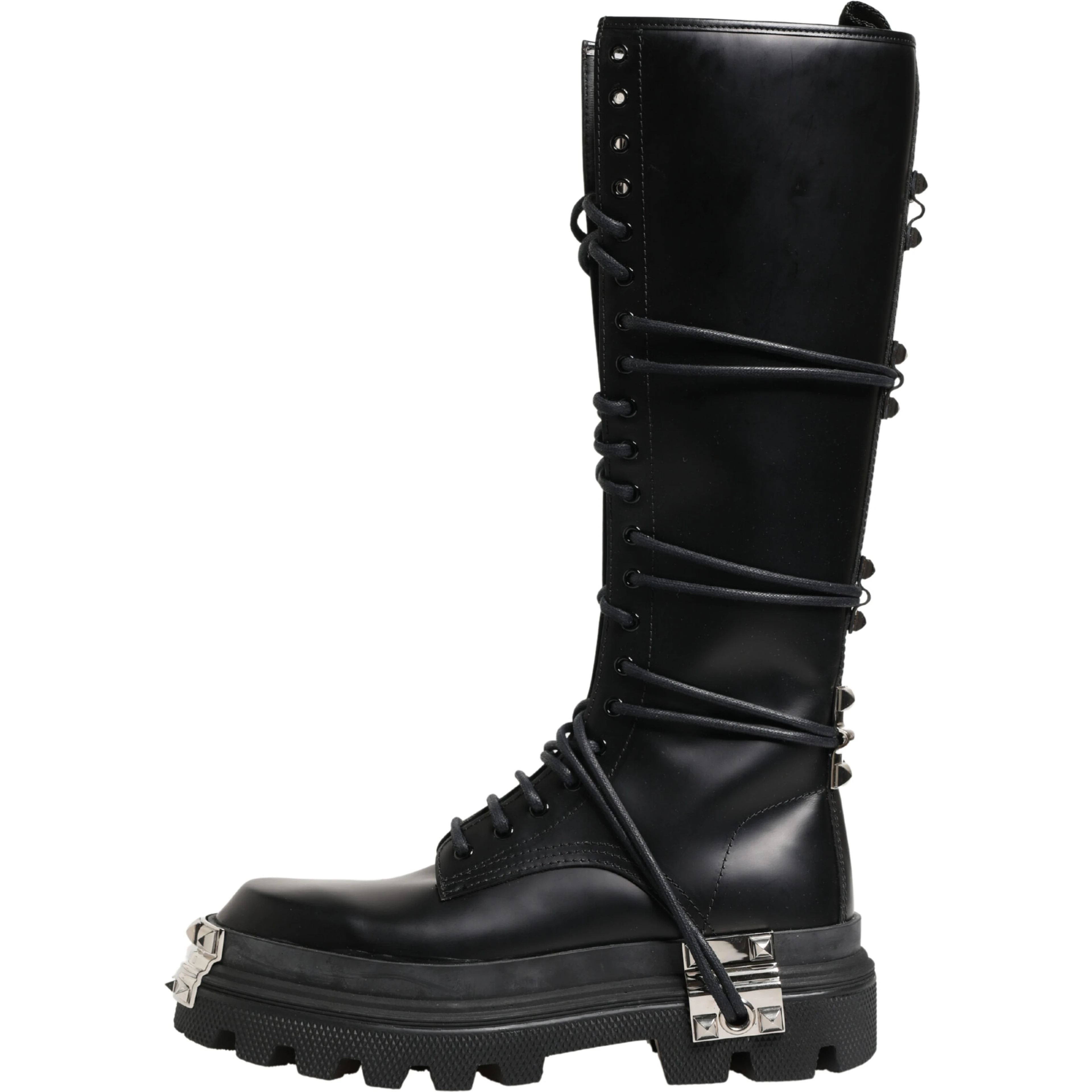 Black Leather Knee High Combat Boots Shoes