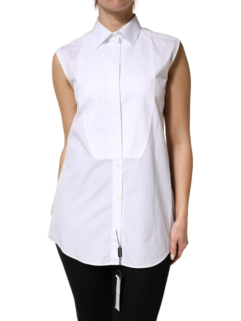 White Cotton Pleated Sleeveless Button Down Top