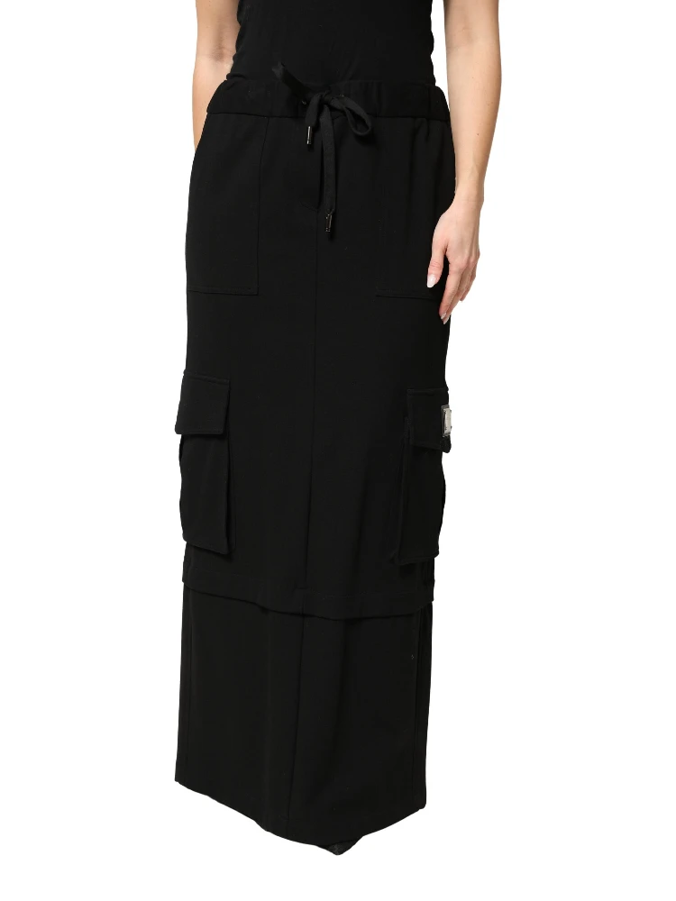 Black Cotton Drawstring Long Maxi Cargo Skirt