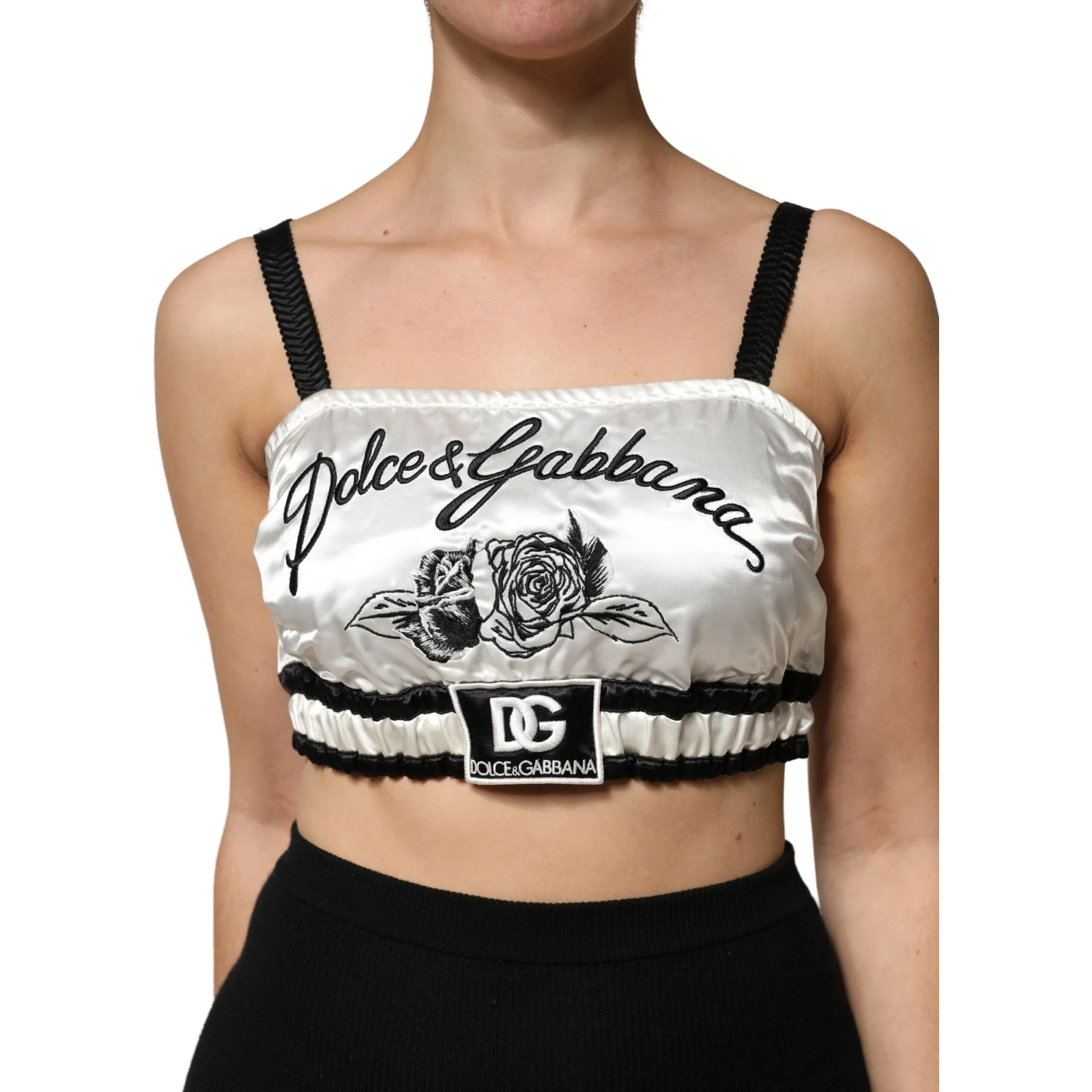 White Silk Satin Crop Black Logo Bralette Top