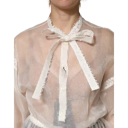 White Sheer Silk Blouse Lace Bow Tie Blouse Top