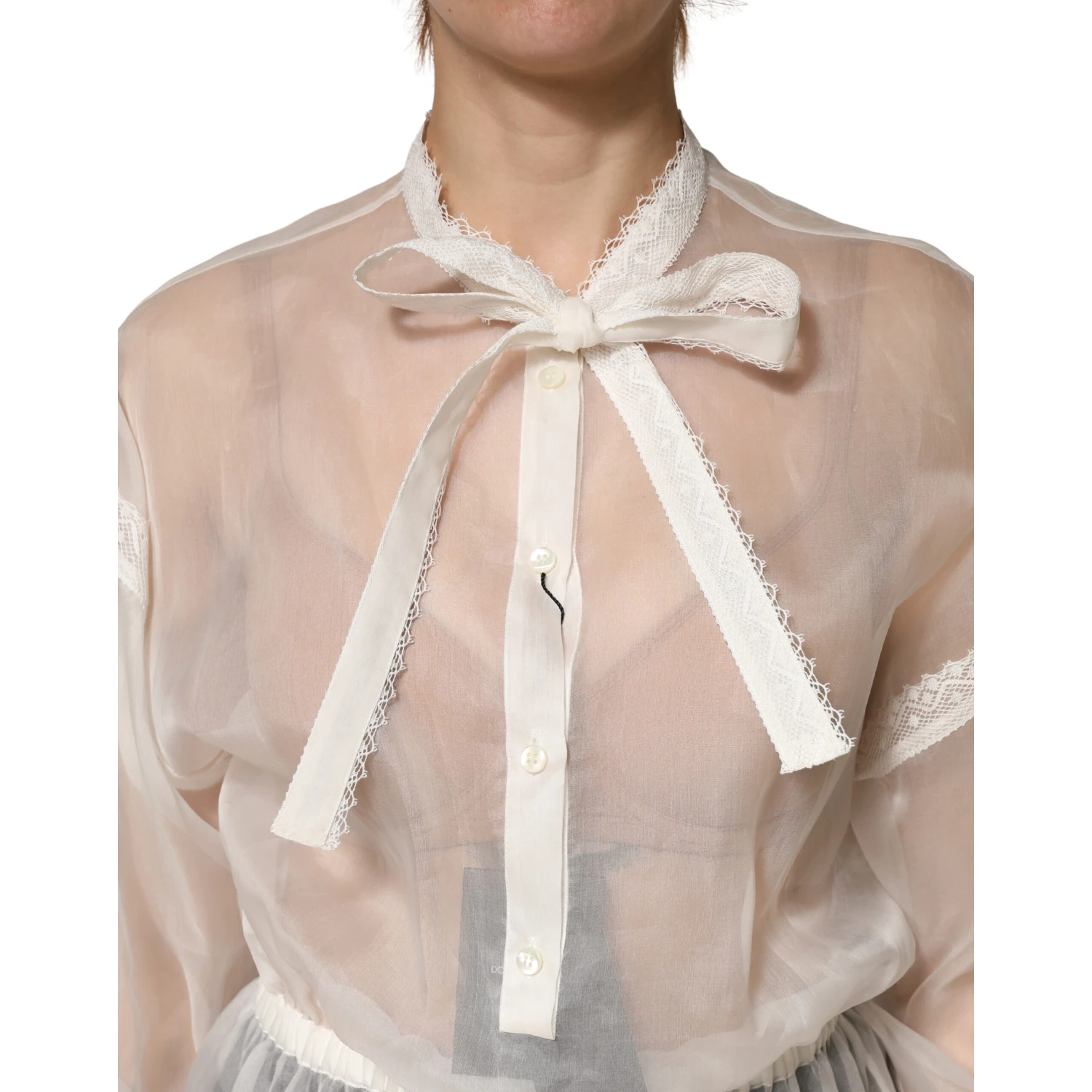 White Sheer Silk Blouse Lace Bow Tie Blouse Top