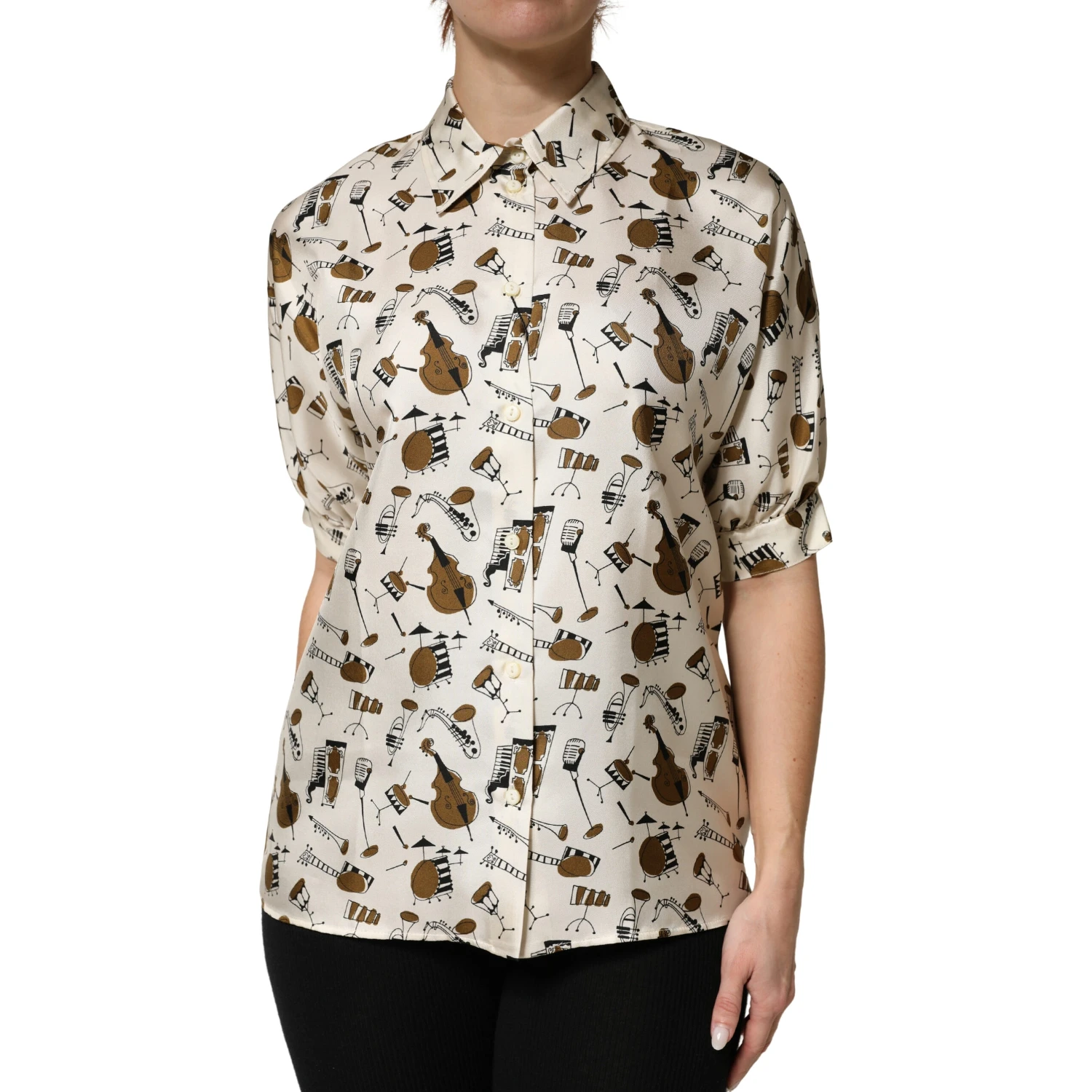 Beige Musical Instrument Print Short Sleeve Top