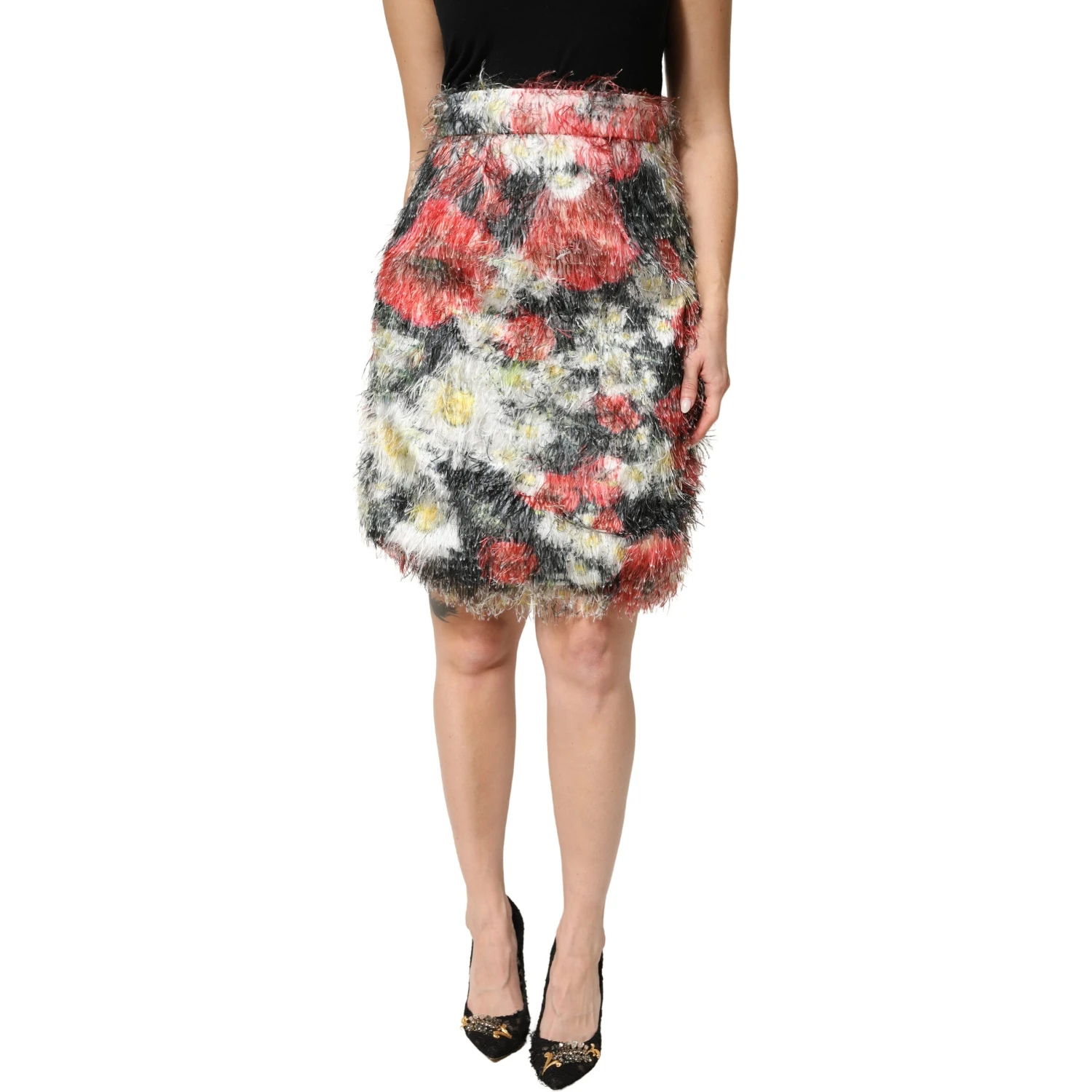 Multicolor Floral Textured Faux Fur Pencil Skirt