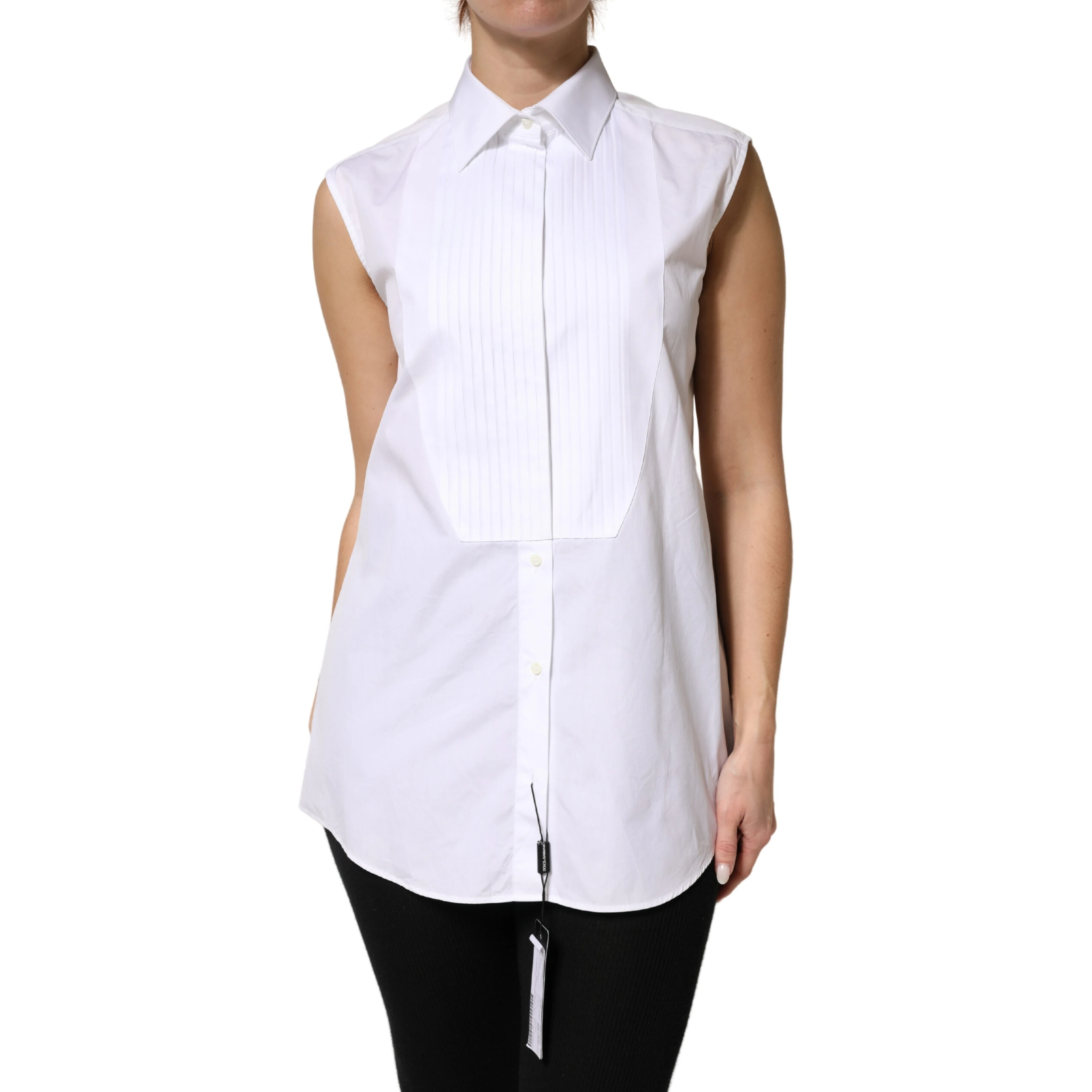 White Cotton Pleated Sleeveless Button Down Top