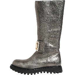 Metallic Silver Leather Mid Calf Boots Shoes