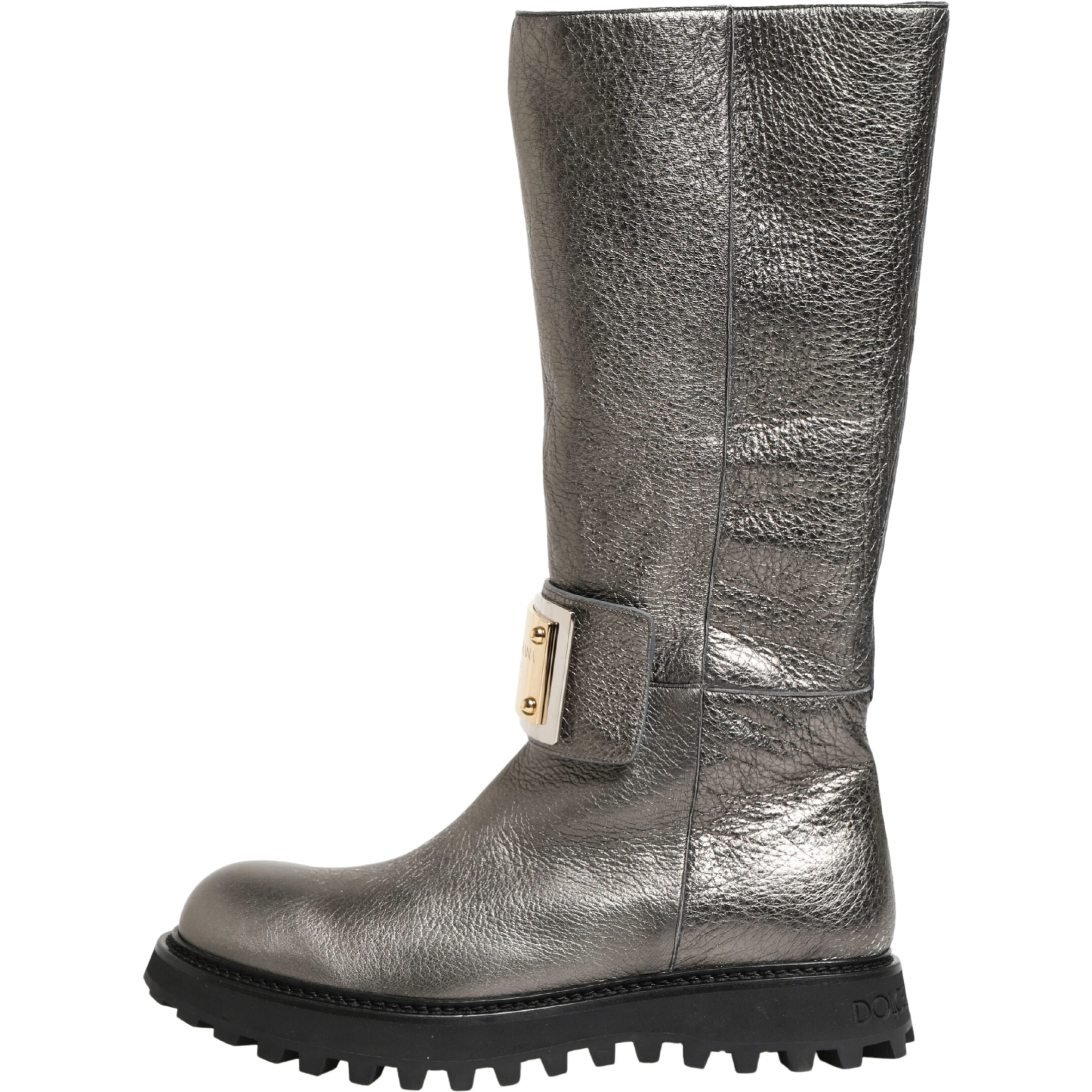 Metallic Silver Leather Mid Calf Boots Shoes