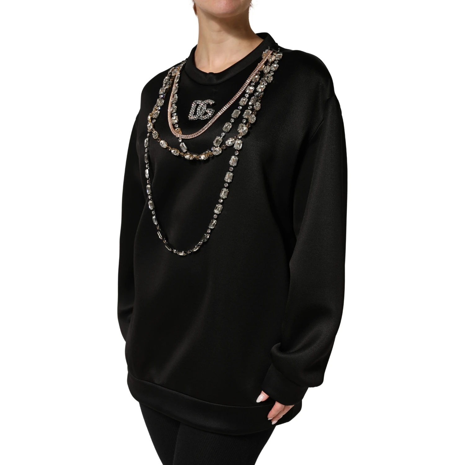Black Embellished Logo Crystal Sweatshirt Top
