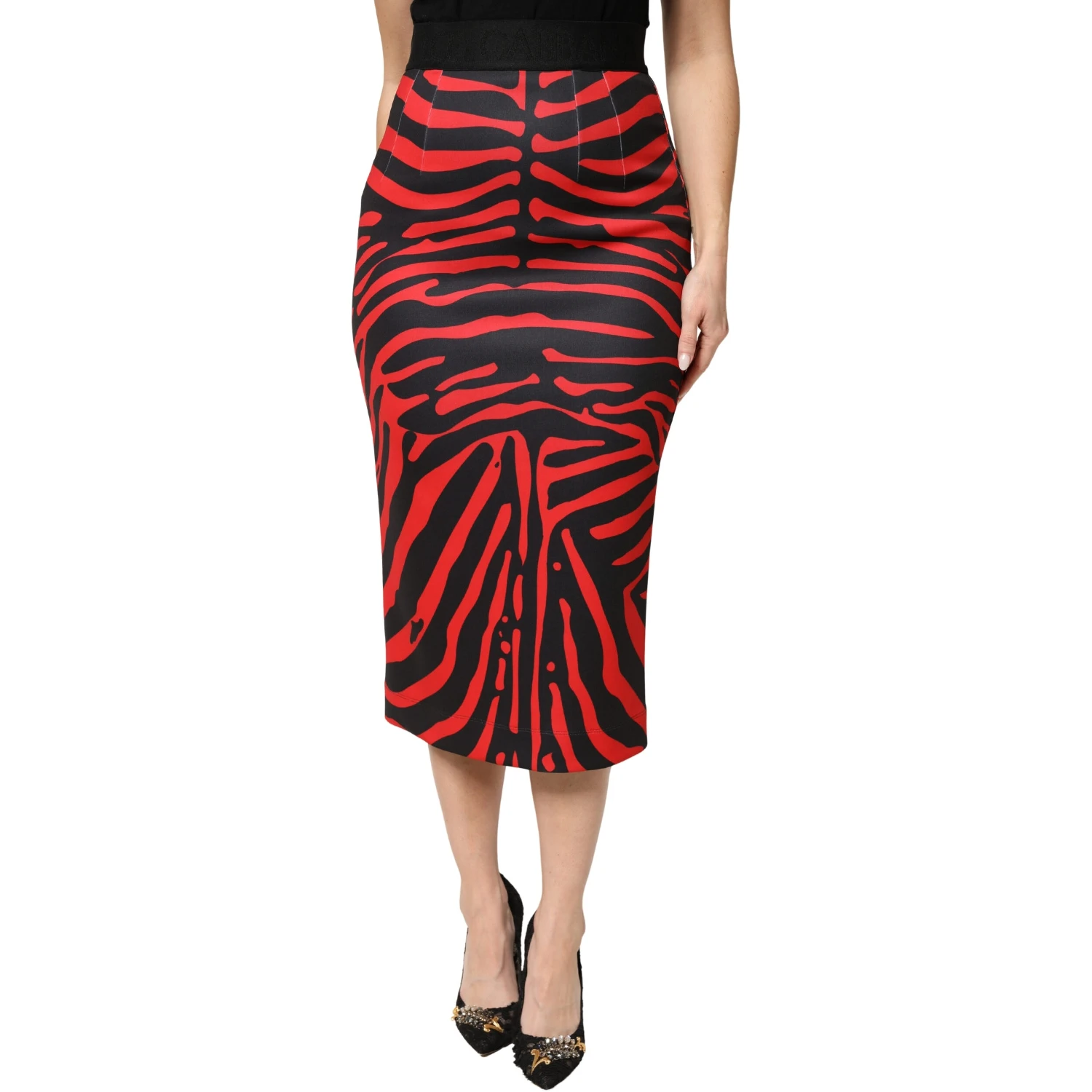 Red Black Zebra Print Polyester Pencil Midi Skirt