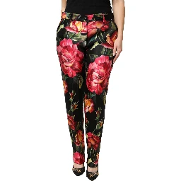 Black Floral Silk Mid Waist Tailored Trousers Pants