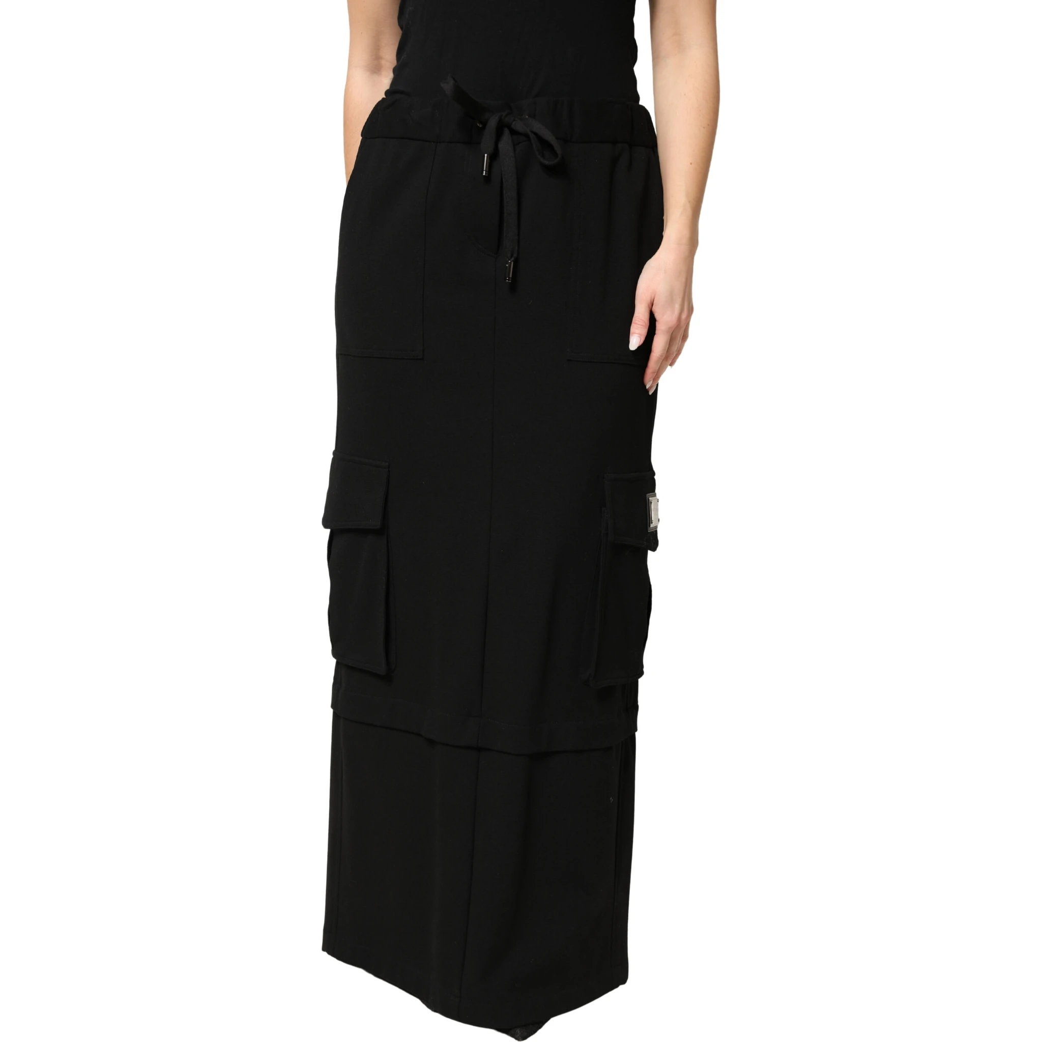 Black Cotton Drawstring Long Maxi Cargo Skirt