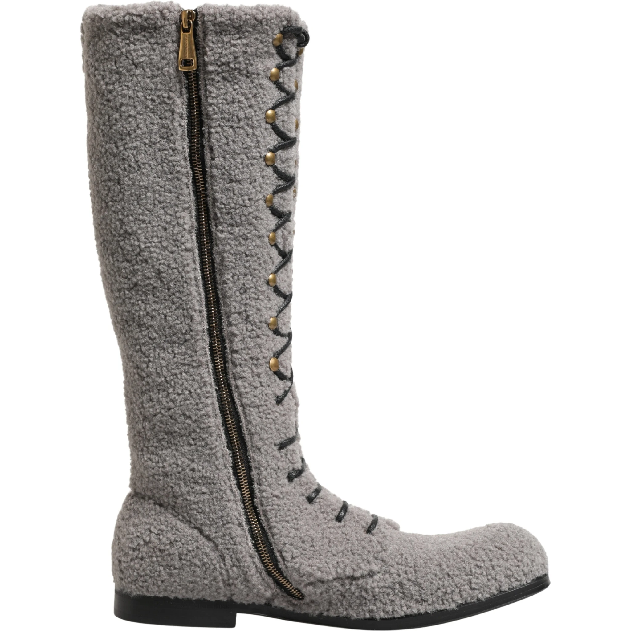 Gray Shearling Lace Up Knee High Boots Shoes