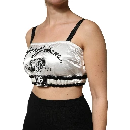 White Silk Satin Crop Black Logo Bralette Top