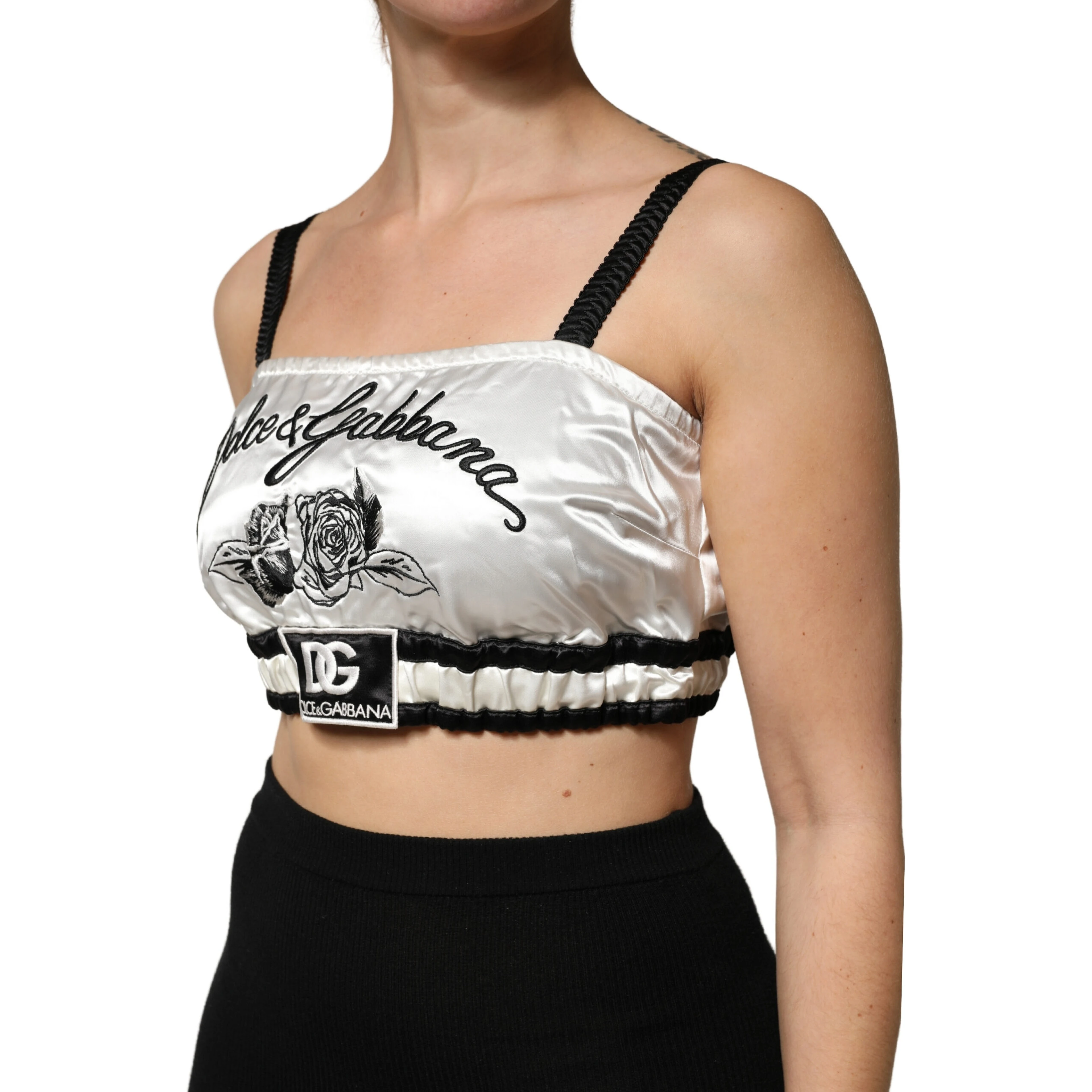 White Silk Satin Crop Black Logo Bralette Top