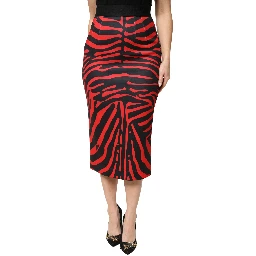 Red Black Zebra Print Polyester Pencil Midi Skirt