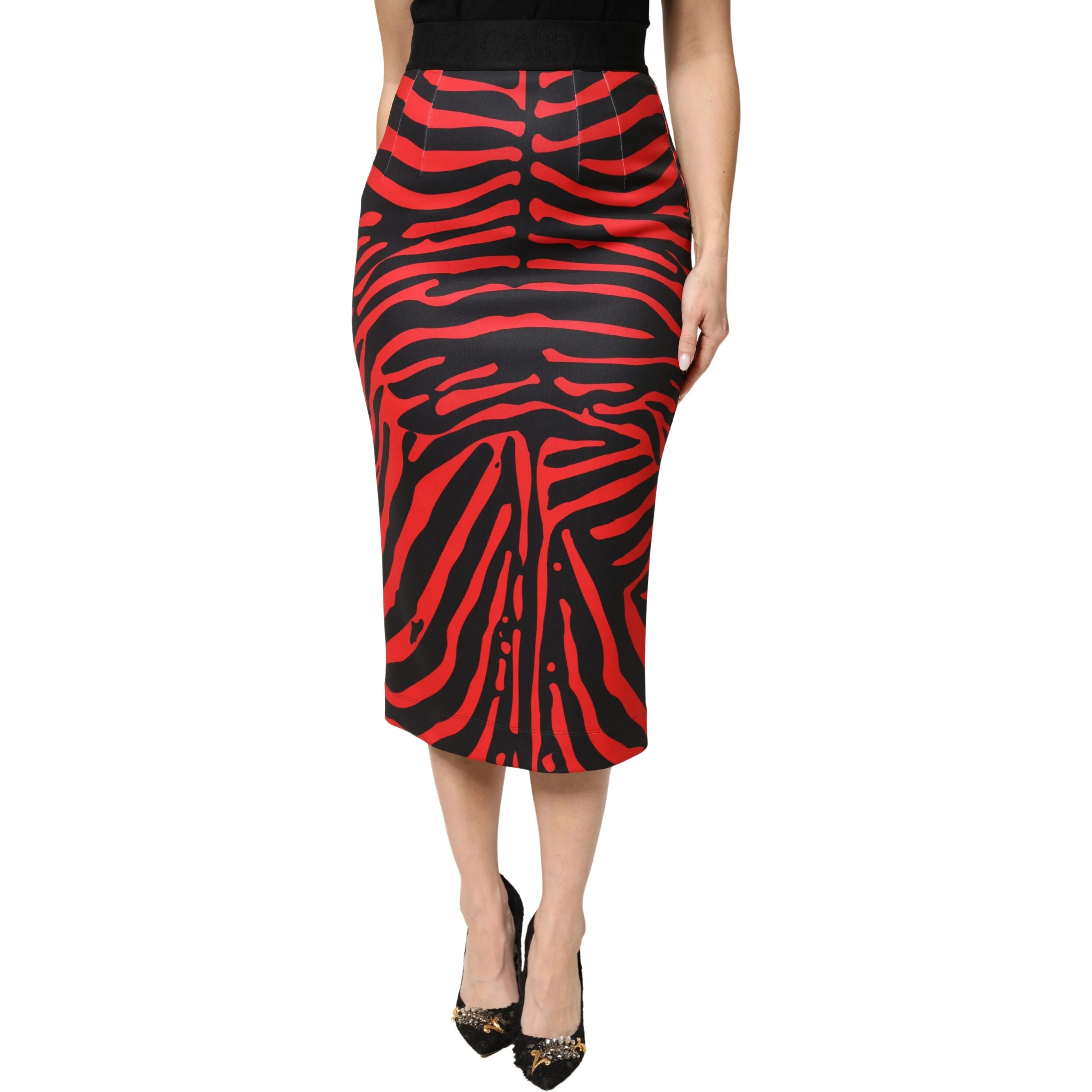 Red Black Zebra Print Polyester Pencil Midi Skirt
