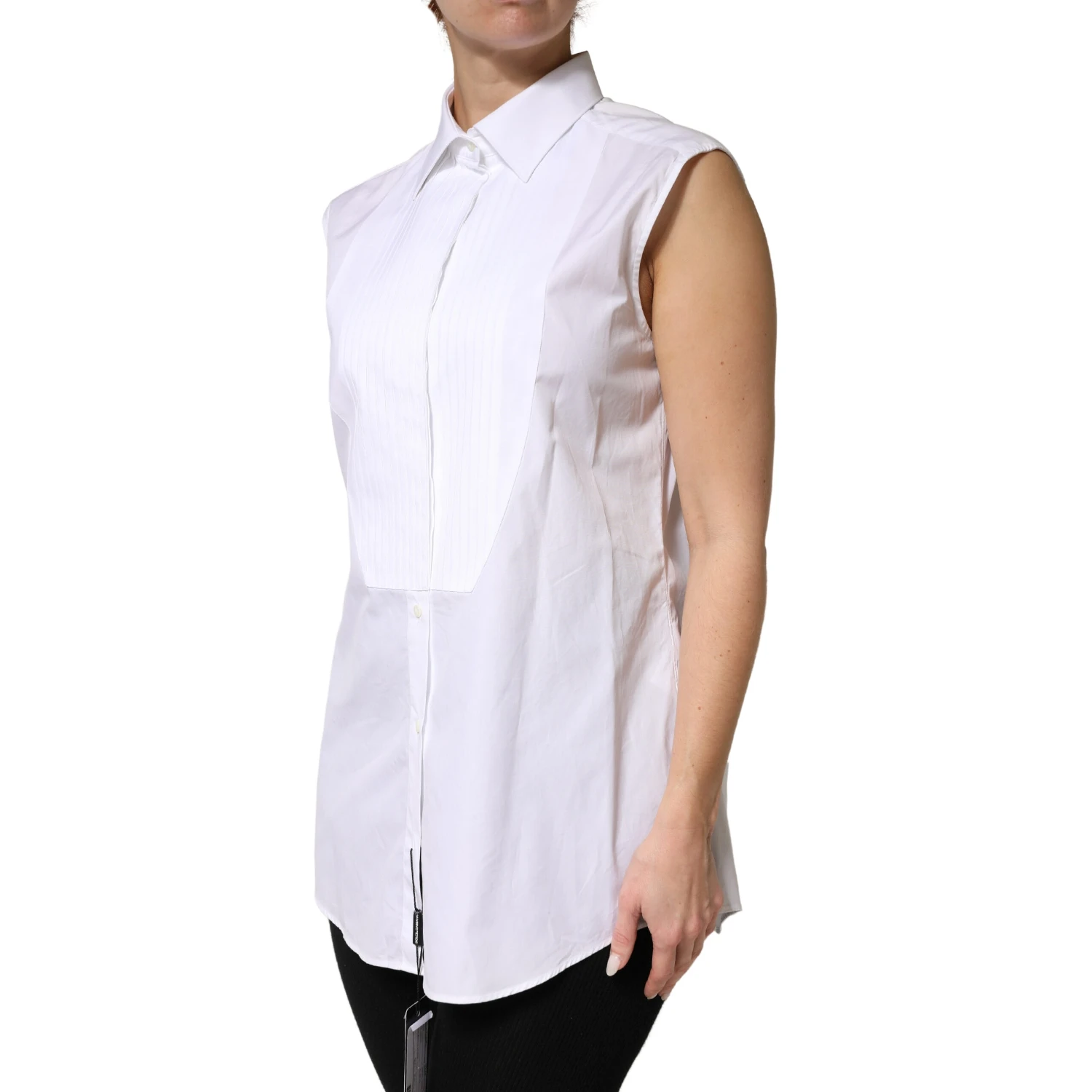 White Cotton Pleated Sleeveless Button Down Top