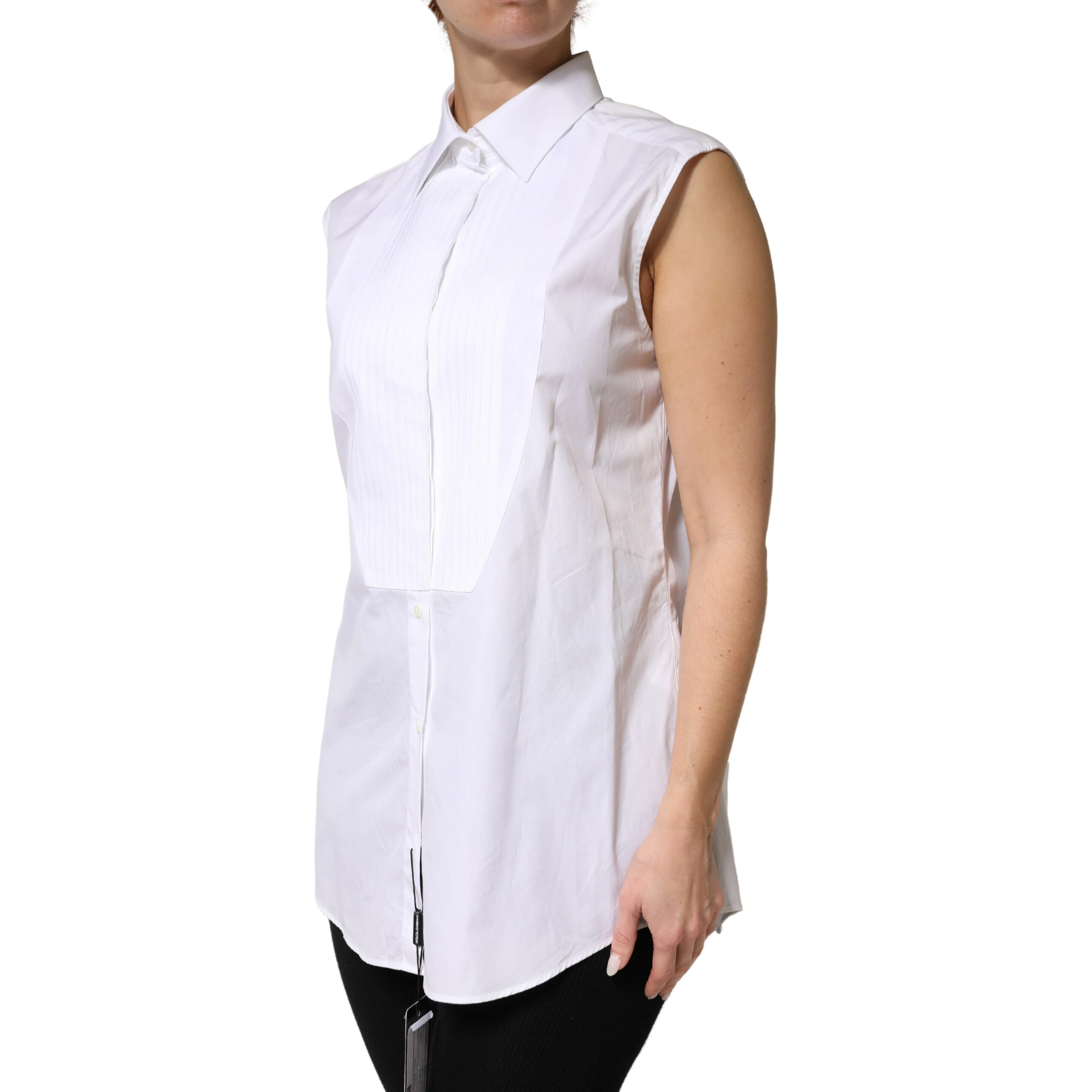 White Cotton Pleated Sleeveless Button Down Top