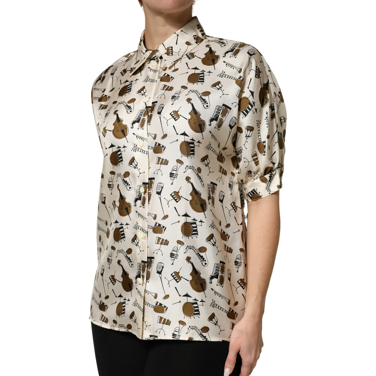 Beige Musical Instrument Print Short Sleeve Top
