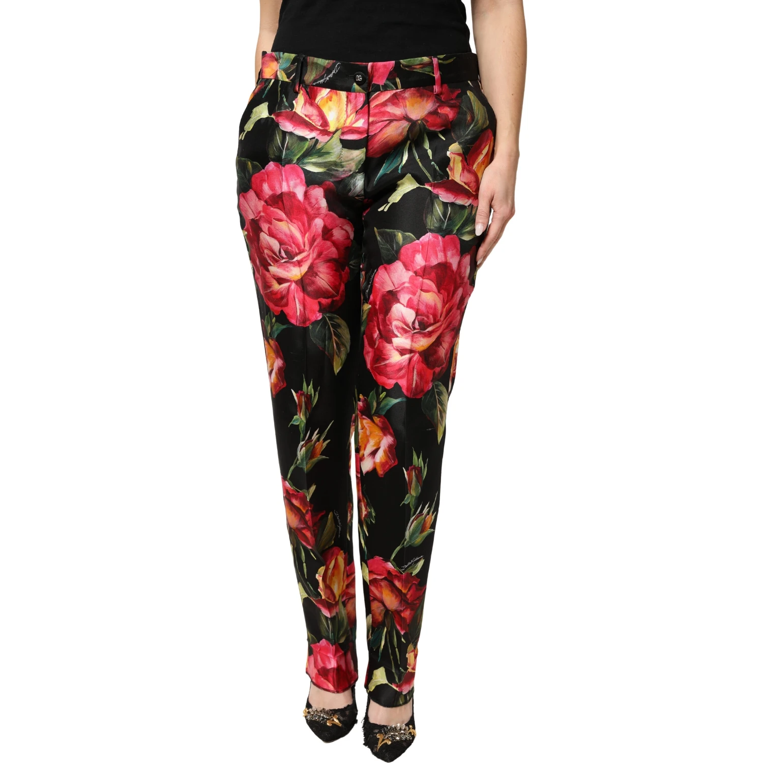 Black Floral Silk Mid Waist Tailored Trousers Pants