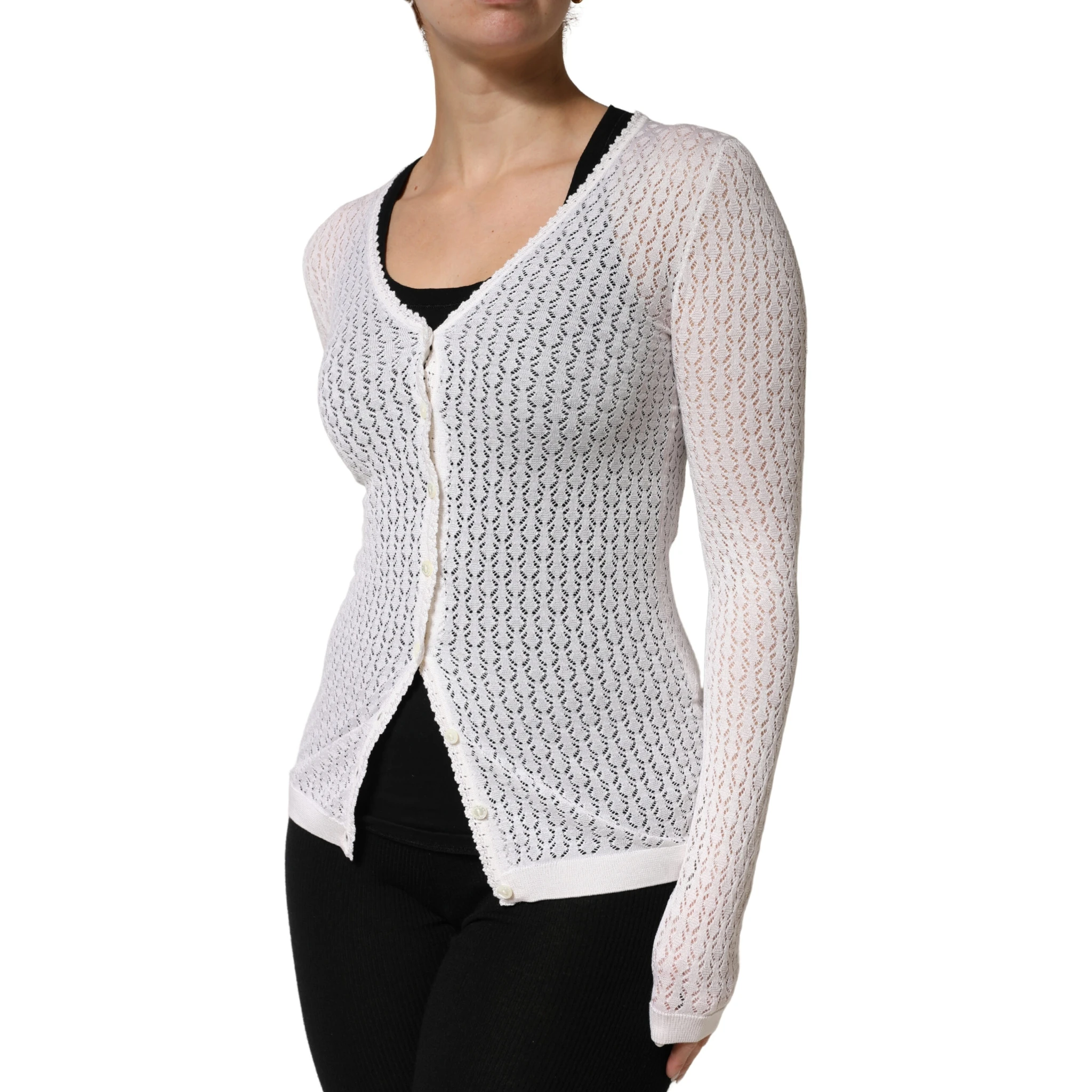 White Lace Silk Knit Long Sleeves Cardigan Top