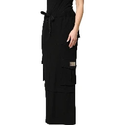 Black Cotton Drawstring Long Maxi Cargo Skirt