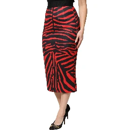 Red Black Zebra Print Polyester Pencil Midi Skirt
