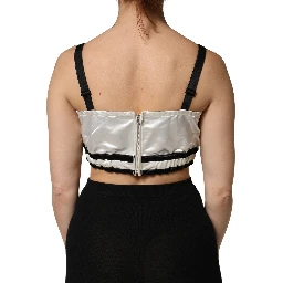 White Silk Satin Crop Black Logo Bralette Top
