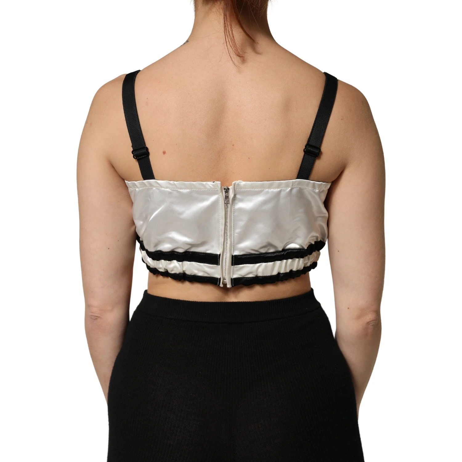 White Silk Satin Crop Black Logo Bralette Top