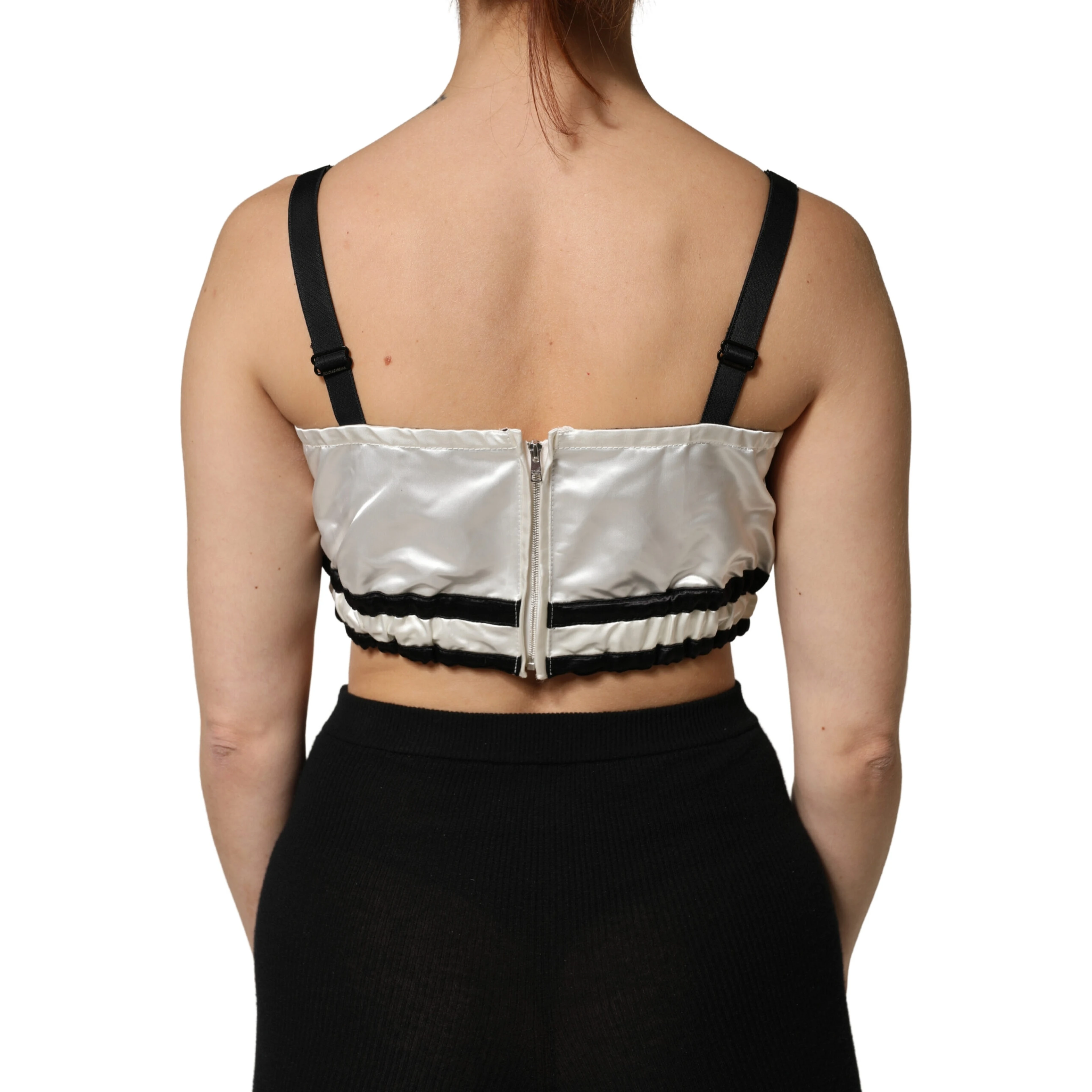 White Silk Satin Crop Black Logo Bralette Top
