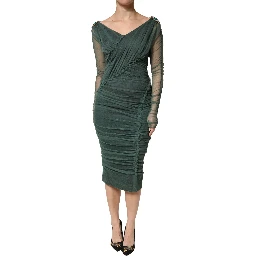 Green Ruched Mesh Sheer Sleeves Midi Dress
