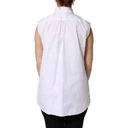 White Cotton Pleated Sleeveless Button Down Top