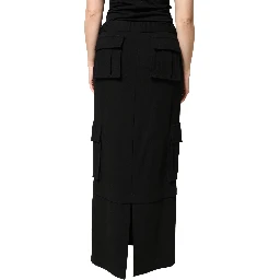 Black Cotton Drawstring Long Maxi Cargo Skirt